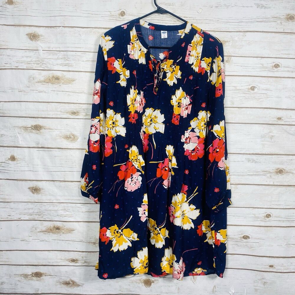 Old Navy Women Floral Pleated Lace Up Dress Long Sleeve Navy Multi Size L